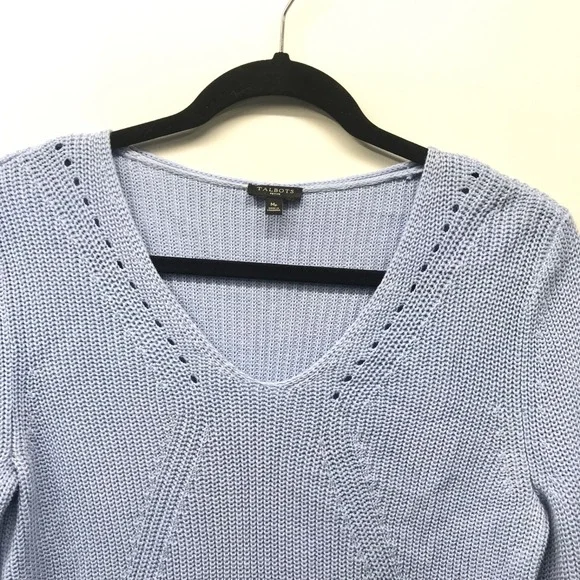 TALBOTS Petite Women's MP Cable Knit Light Blue Sweater 100% Pima Cotton - Picture 2 of 5